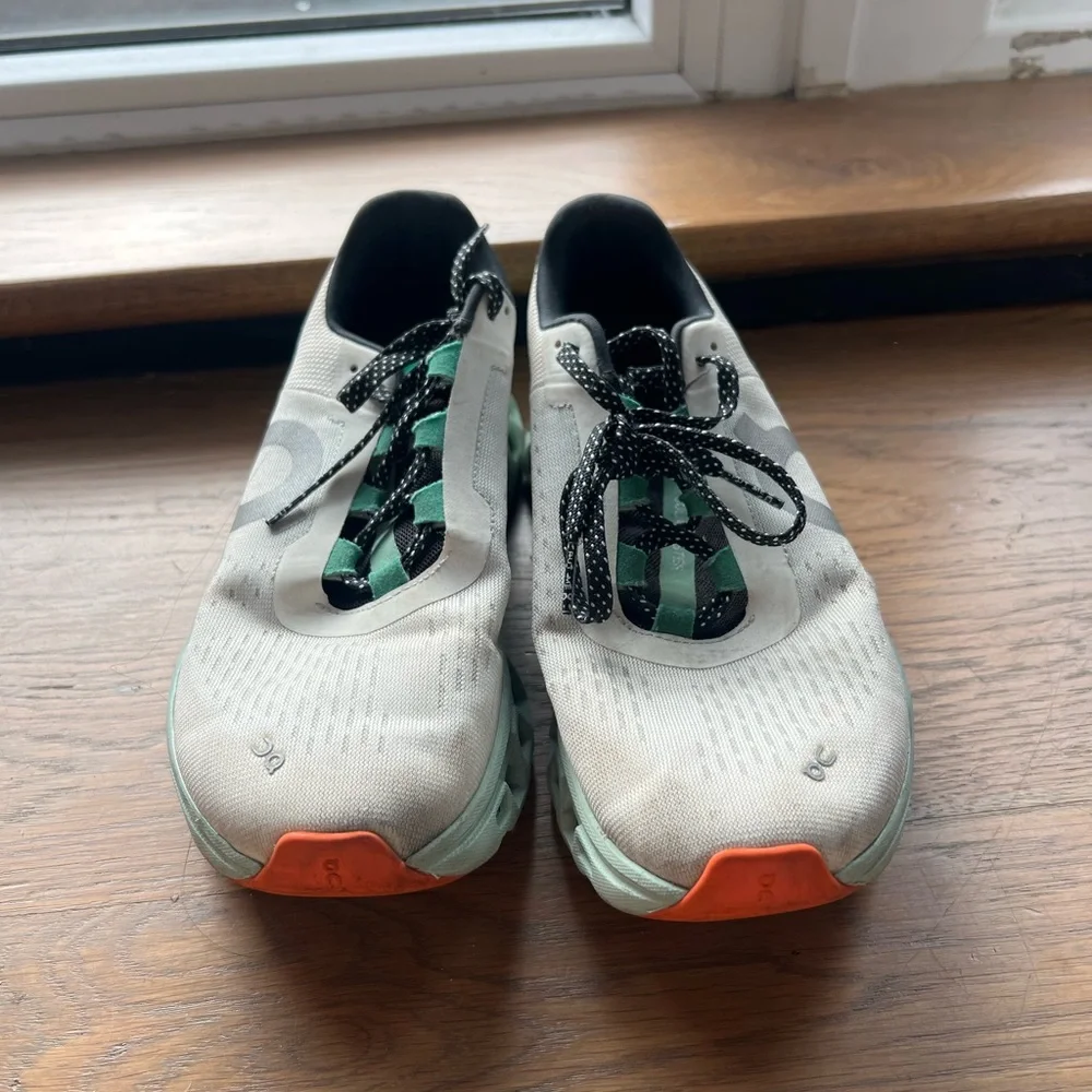 ON cloudmonster - White and Navy Athletic Shoes with Orange Accents - Picture 2 of 5